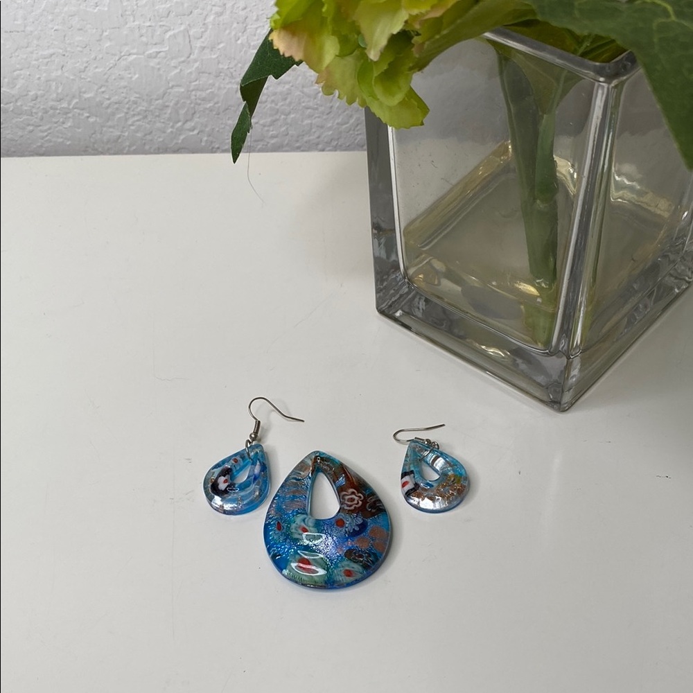 Millefiori Glass Pendant and Earrings Set Blue with Silver Open Teardrop Donut‎ - Picture 8 of 8